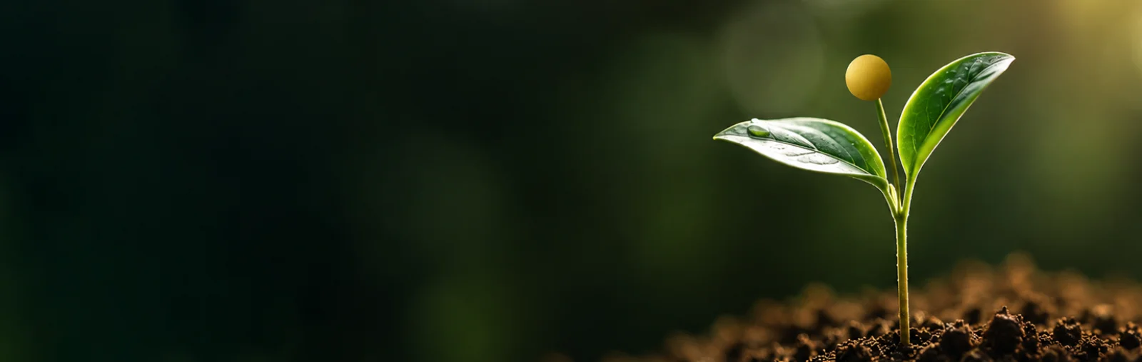 A seedling with two young leaves emerging from dark soil, backlit by warm golden light